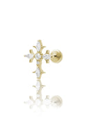 Kolczyk do ucha "Celestial cross" - złoty tytanowy labret w kształcie krzyża z cyrkoniami