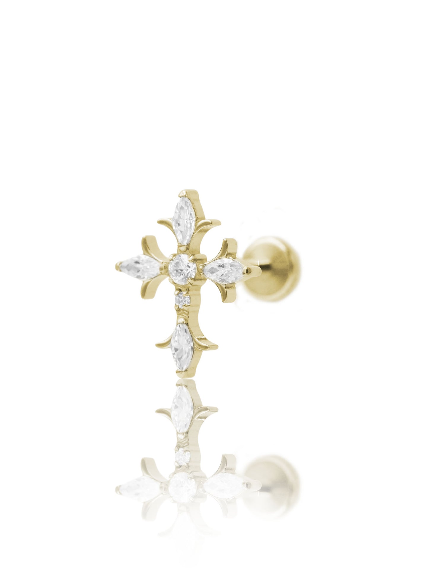 Kolczyk do ucha "Celestial cross" - złoty tytanowy labret w kształcie krzyża z cyrkoniami