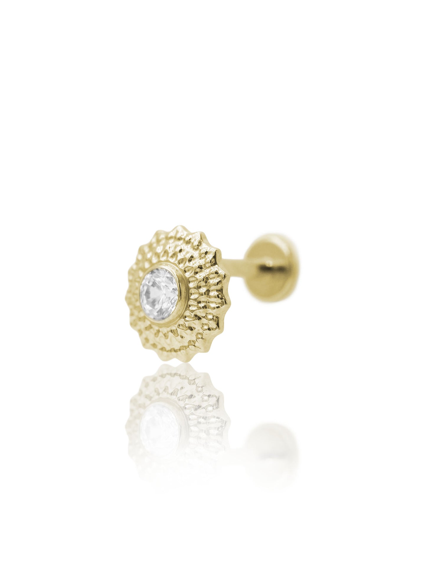 Kolczyk do ucha "Sunlace" - złoty tytanowy labret w kształcie słońca z cyrkonią