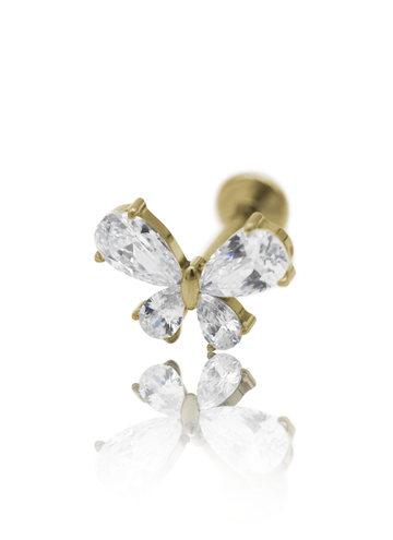 Kolczyk do ucha "Clear butterfly" - anodyzowany tytanowy labret z motylem z cyrkoniami