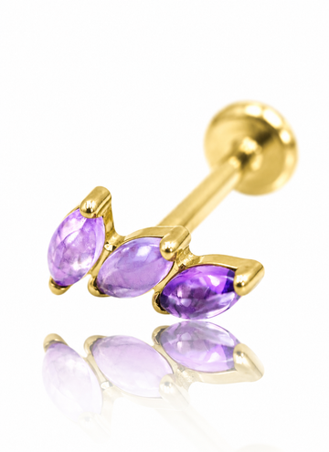 Kolczyk do ucha "3 stone purple" - złoty tytanowy labret z ametystem