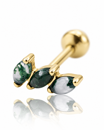 Kolczyk do ucha "3 stone moss agate" - złoty tytanowy labret z agatem mszystym