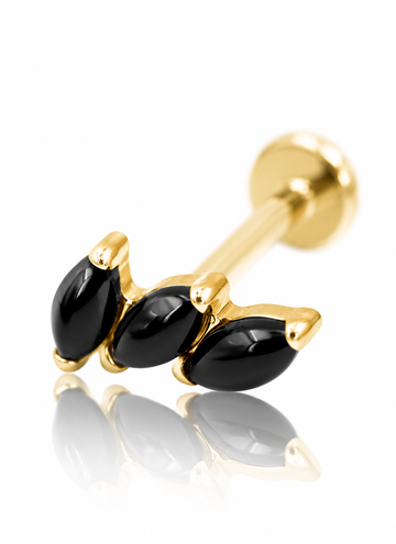 Kolczyk do ucha "3 stone black" - złoty tytanowy labret z czarnym onyksem